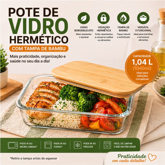 Pote Travessa Vidro Resistente Marmita Hermética 1,04L Tampa Bambu Vedação Cozinha Guardar Alimentos Comida