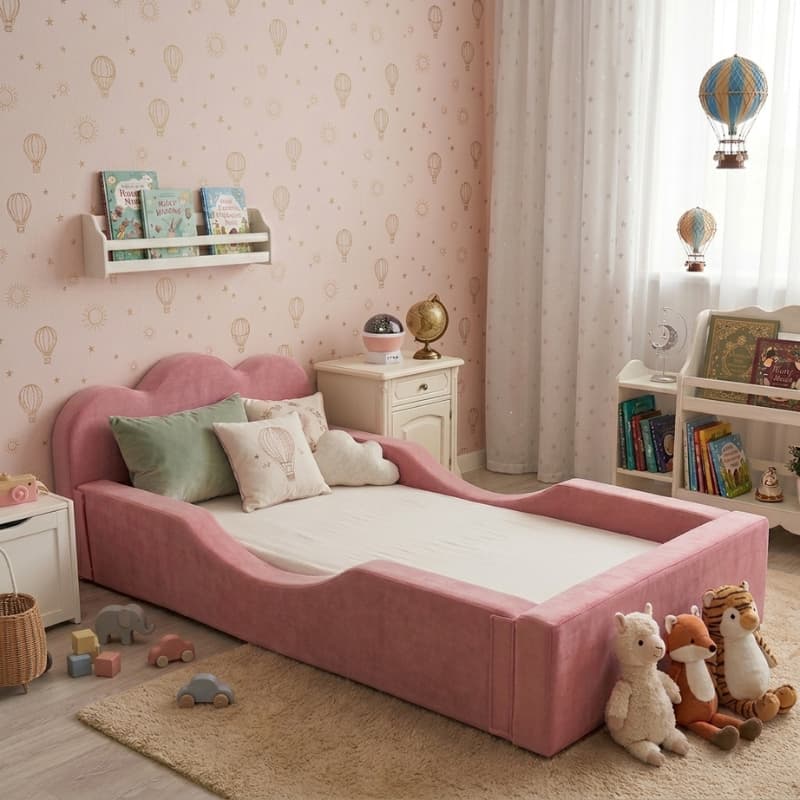 Mini Cama Infantil Montessoriana Pompom Espuma D26 Menina Menino Proteção Lateral Bege Rosa Azul Incluso Colchão - AV