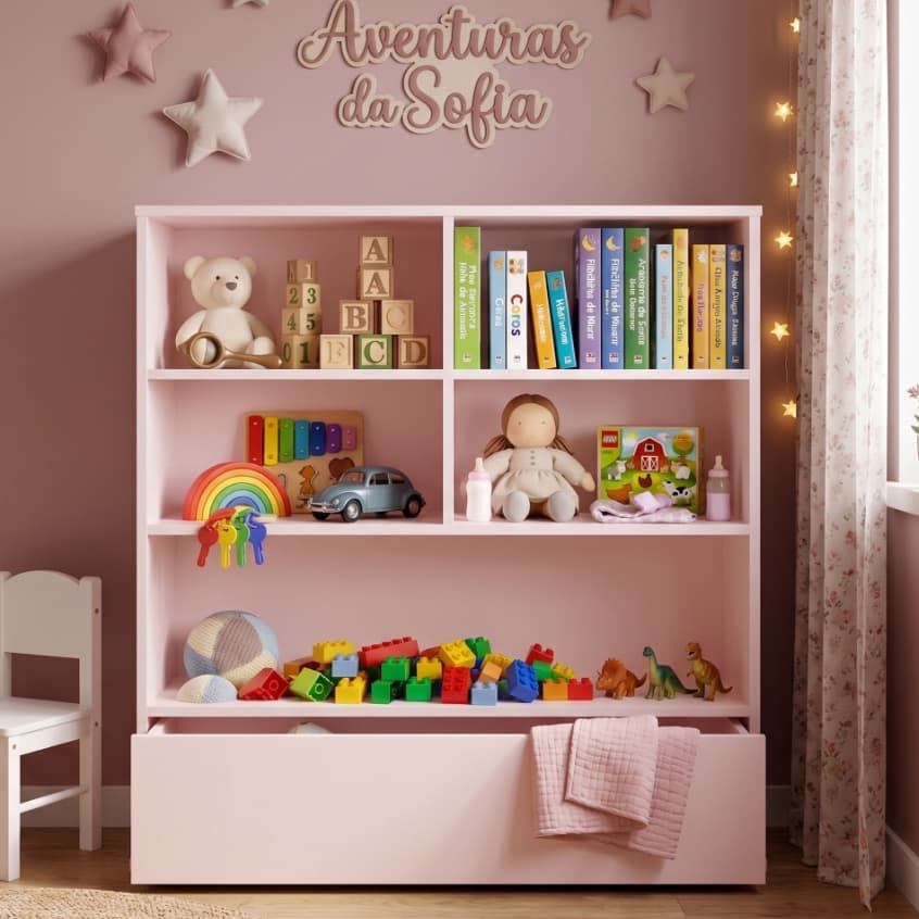 Estante Infantil Organizador Multiuso Encanto 90cm Branco Rosa com Nichos Grande MDP