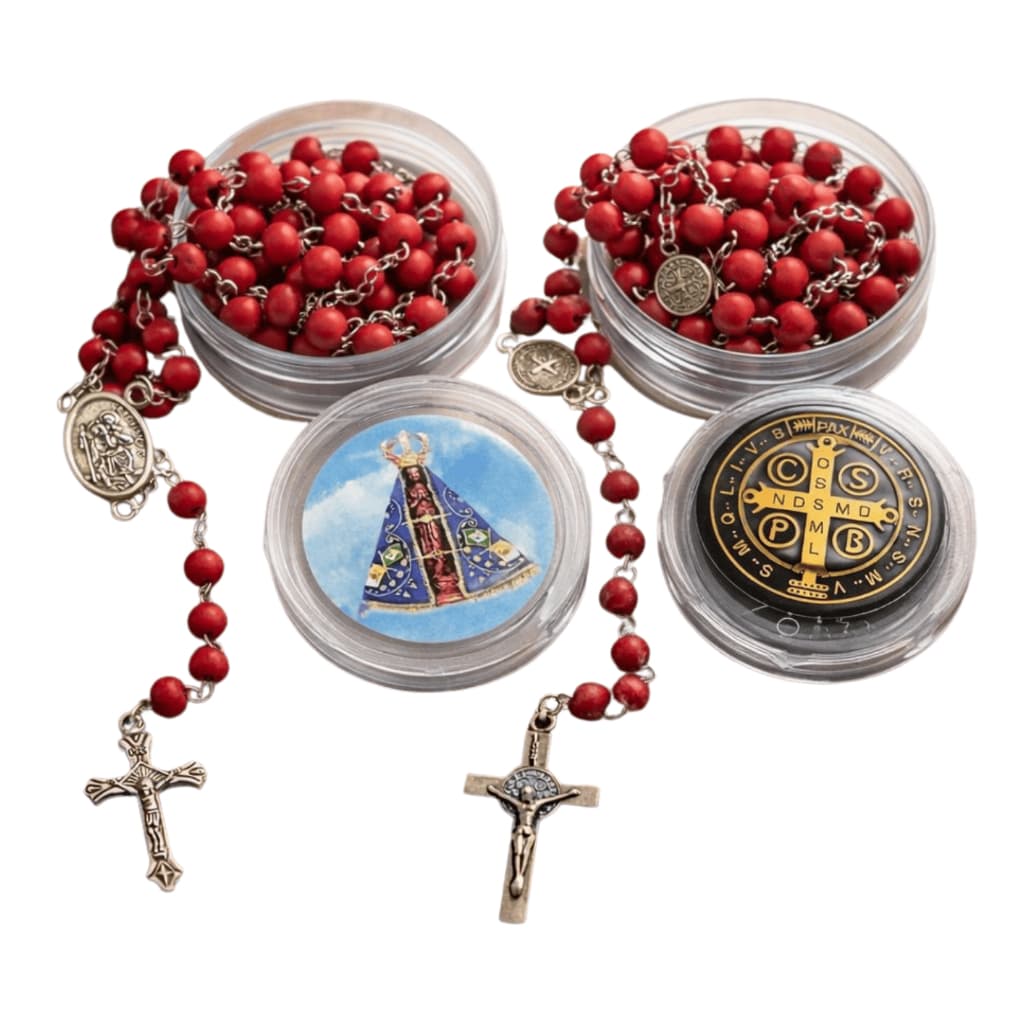 Kit 6 Terços Perfumados da Nossa Senhora Aparecida e Caixinha De Acrílico Com a Medalha de São Bento