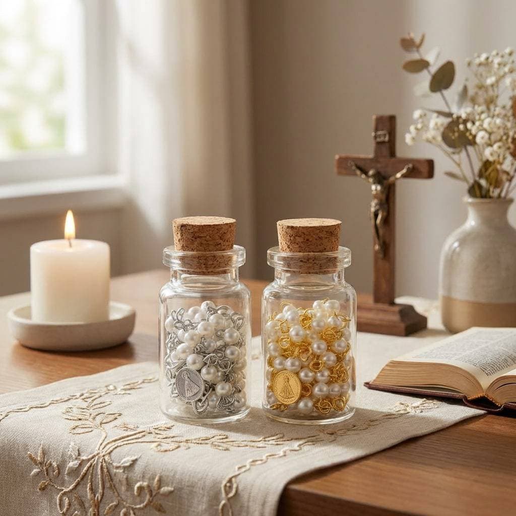 Kit de 10 Terços de Pérolas Católico com Vidrinho Lembrancinha Batizado Crisma