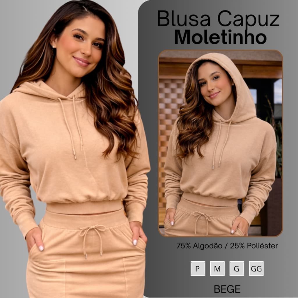 Blusa Moletom Feminina Liso Com Capuz Casaco Casual Feminino Bege Nude Caqui Do P Ao GG