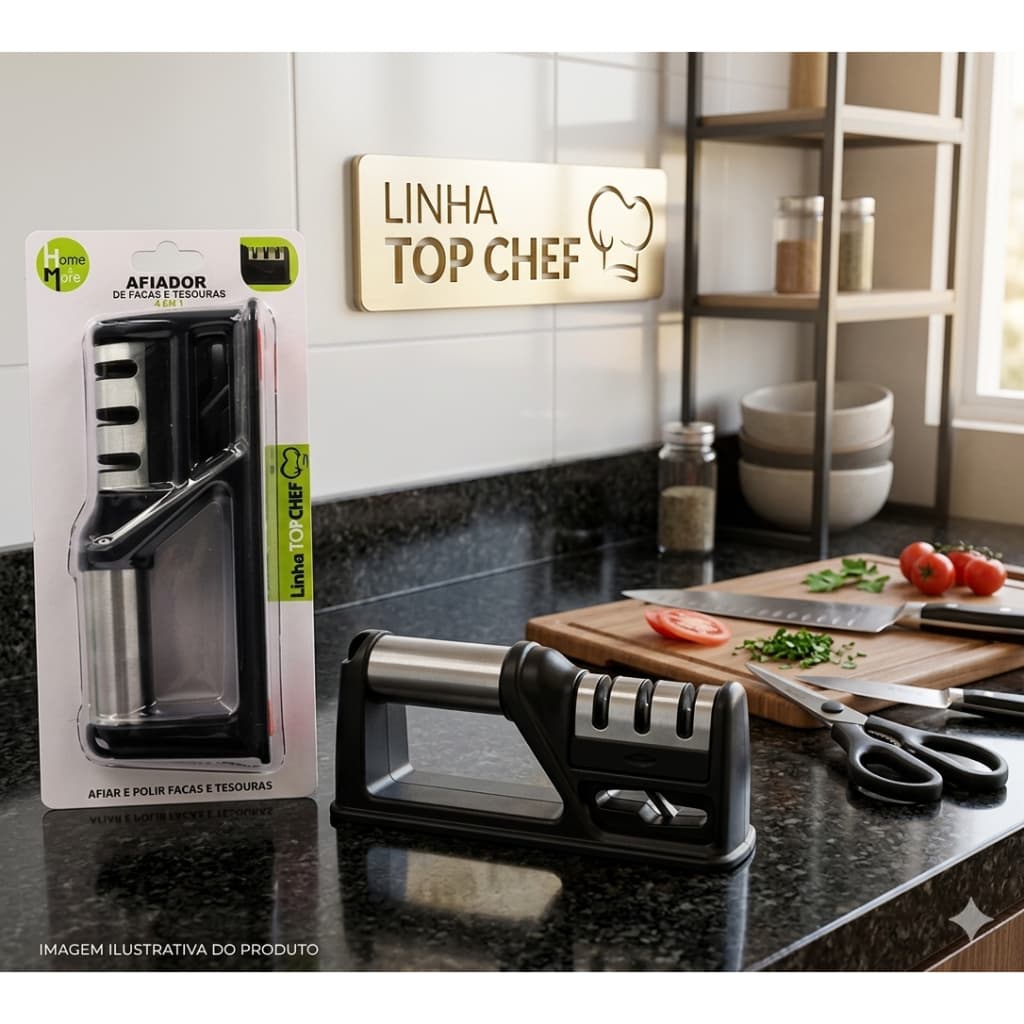 AFIADOR DE FACAS E TESOURAS 4 EM 1 - AFIA E POLI - AÇO INOX  - LINHA TOP CHEF HOME & MORE