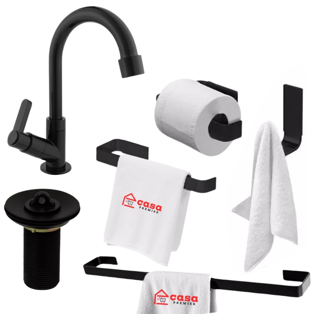Kit de Acessórios Banheiro Preto Fosco com Torneira Abs Válvula Pia e Acabamento Registro Padrão Deca