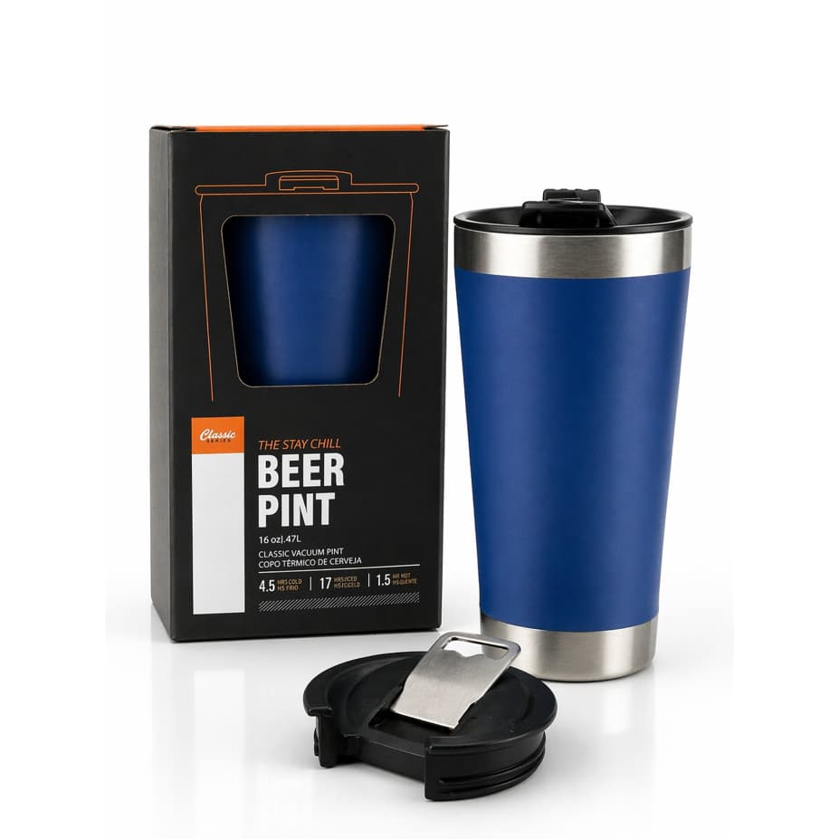 Copo Térmico Beer Pint Azul 473ml Abridor de Garrafa Bico Não Sua Livre de BPA