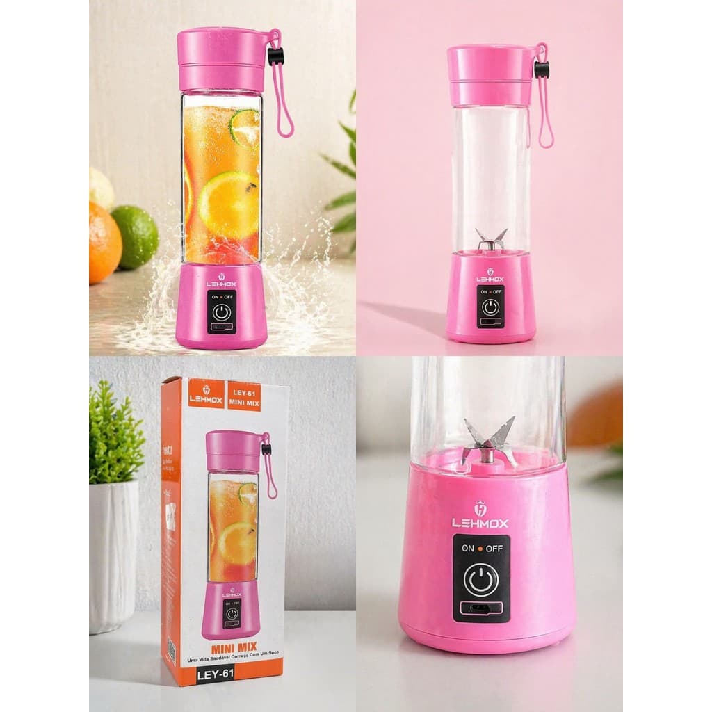Mini Liquidificador Portátil Shake 6 Laminas + Cabo USB ROSA ORIGINAL LEHMOX