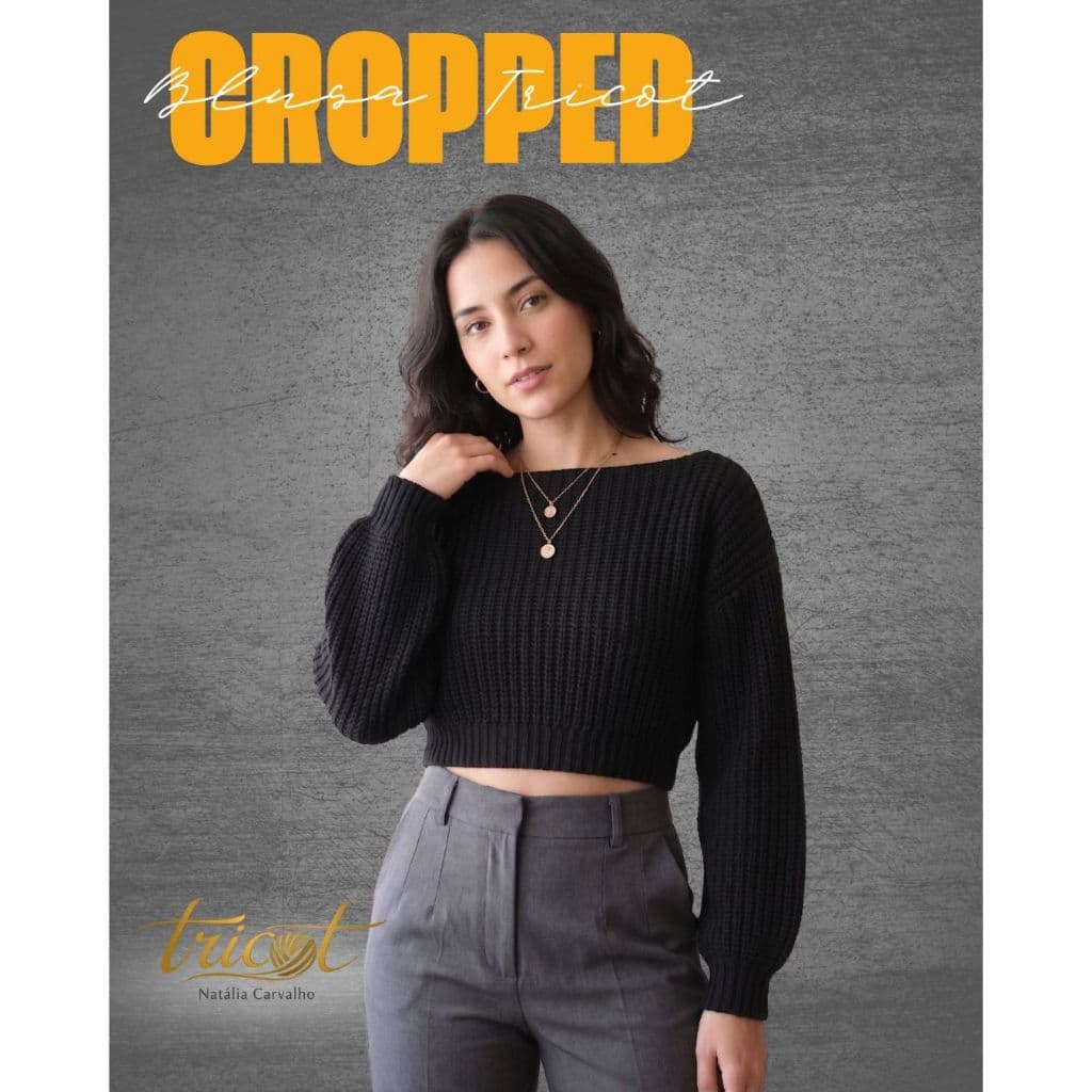 Blusa Cropped Tricot Feminina Tricô de Frio Canelada Manga Longa Bufante Gola Canoa Elegante Inverno