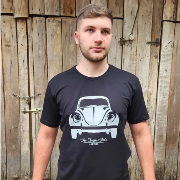 Camiseta Masculina Preta100% Algodão Premium Manga Curta Gola Careca Fusca Carro Antigo Colecionador