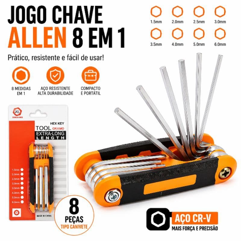 Jogo Chave Allen 8 Peças Tipo Canivete Kit Hex Dobrável Aço CR-V Profissional ATF-1008