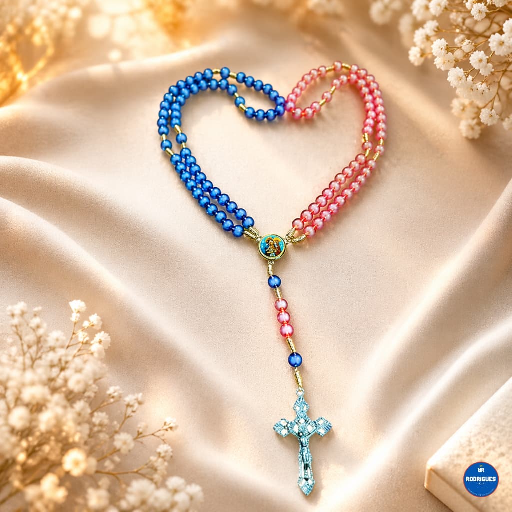 Terço do Casal 37cm Azul e Rosa União Amor Fé Presente Religioso