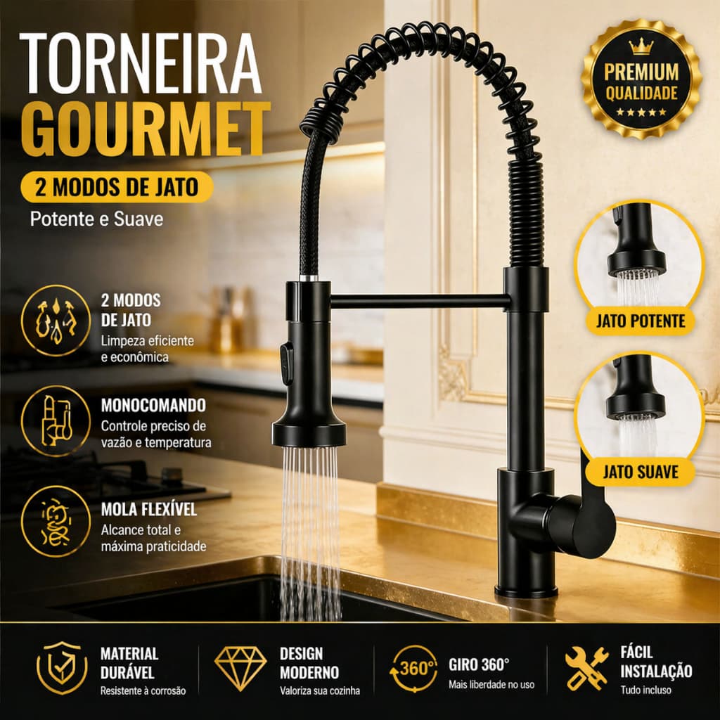 Torneira Cozinha Preta Alta Pressão Rotativo Monocomando Bancada Pia