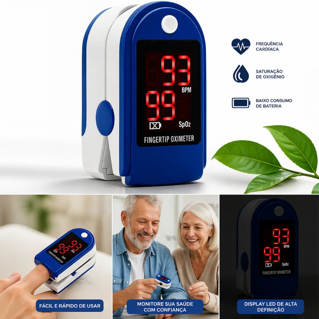 Oxímetro de Dedo Digital SpO2 Monitor Saturação Oxigênio Batimentos Cardíacos Portátil