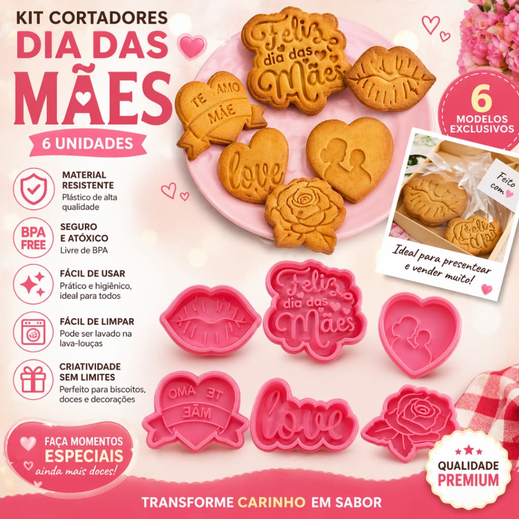 Dia das Mães Kit 6 Cortadores  Biscoito  Molde Biscuit Beijo Te amo Mãe Love Confeitaria