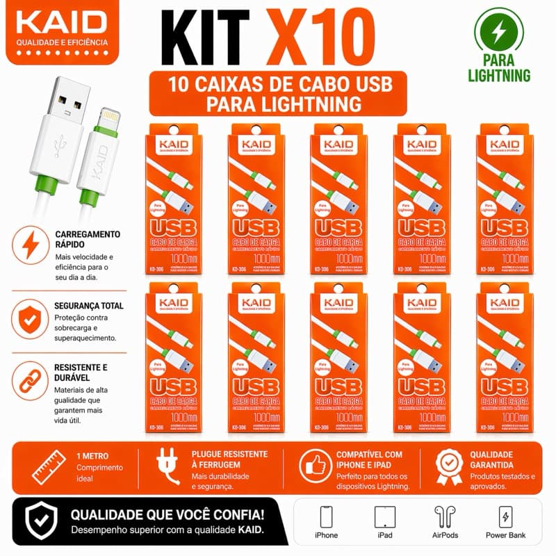 Kit cabo kaid lighting com 10/8/5/3 carregamento rápido 100% original