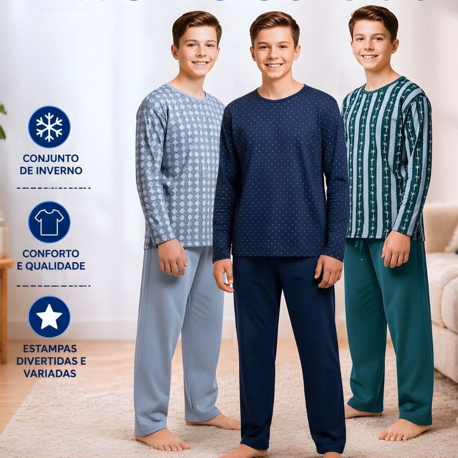Kit Pijama Juvenil Inverno Roupa Dormir Menino Comprida Tamanho 2 ao 16 anos