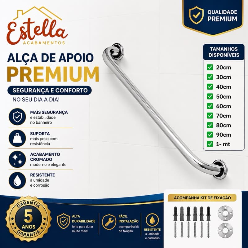 ALÇA BARRA DE APOIO 20CM ATÉ 1M CORRIMÃO PISCINAS BANHEIRO SEGURANÇA IDOSO DEFICIENTE PCD AntiQueda