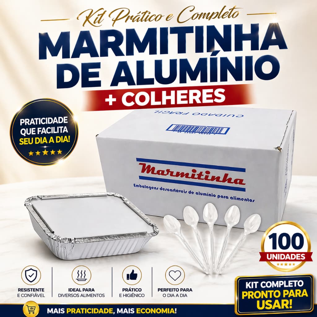 Kit Marmitinhas M90 Bandeja  Alumínio  Descartável+ Colher SOBREMESA p/ Doces Empadas - 100 Un