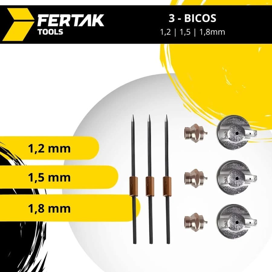 Pistola De Pintura Gravidade Fertak Profissional + Kit 3 Bicos (1.2, 1.5, 1.8mm) 600ml