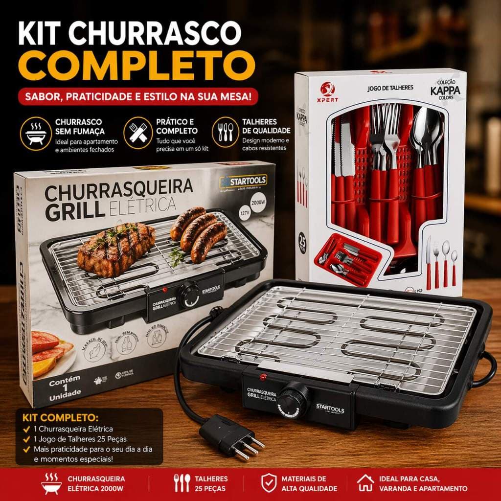 Kit Churrasqueira Elétrica 127V Sem Fumaça+Talheres Inox