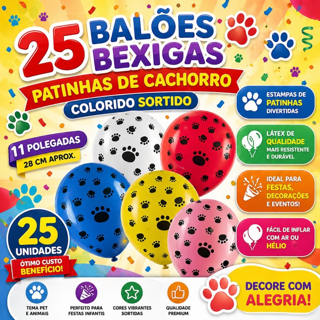 25 Balão Bexiga 11 pol Patinhas de Cachorro Patrulha Canina Branco ou Colorido Sortido
