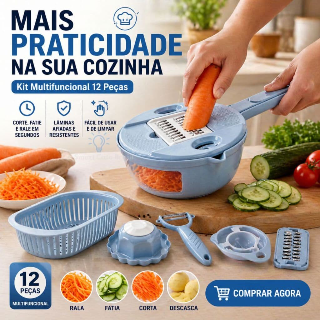 Kit Ralador Fatiador Multifuncional 12 Pecas Processador Cortador Vegetais Completo