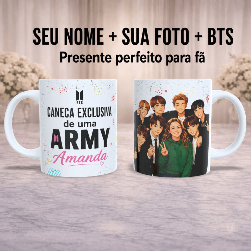 Caneca BTS Personalizada com Nome e Foto Cartoon | Presente para Fã Army