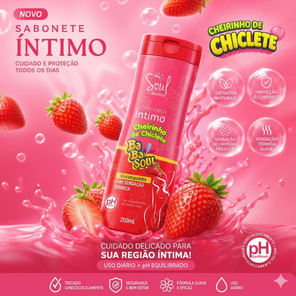 Sabonete Liquido Intimo de Morango Babasoul Ph Iquilibrado 200Ml