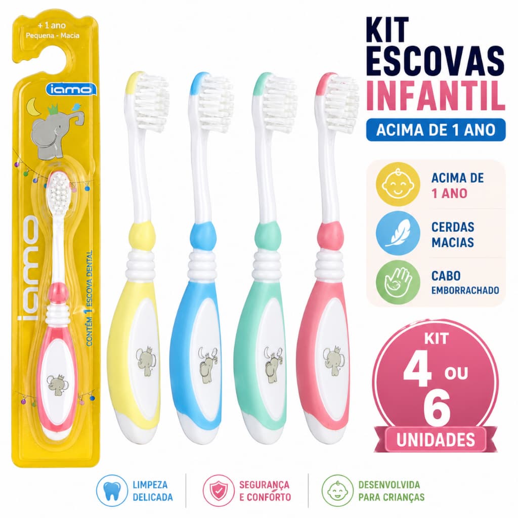 Kit 4 ou 6 Escovas de Dente Infantil Macia Dental Acima de 1 Ano Cabo Emborrachado