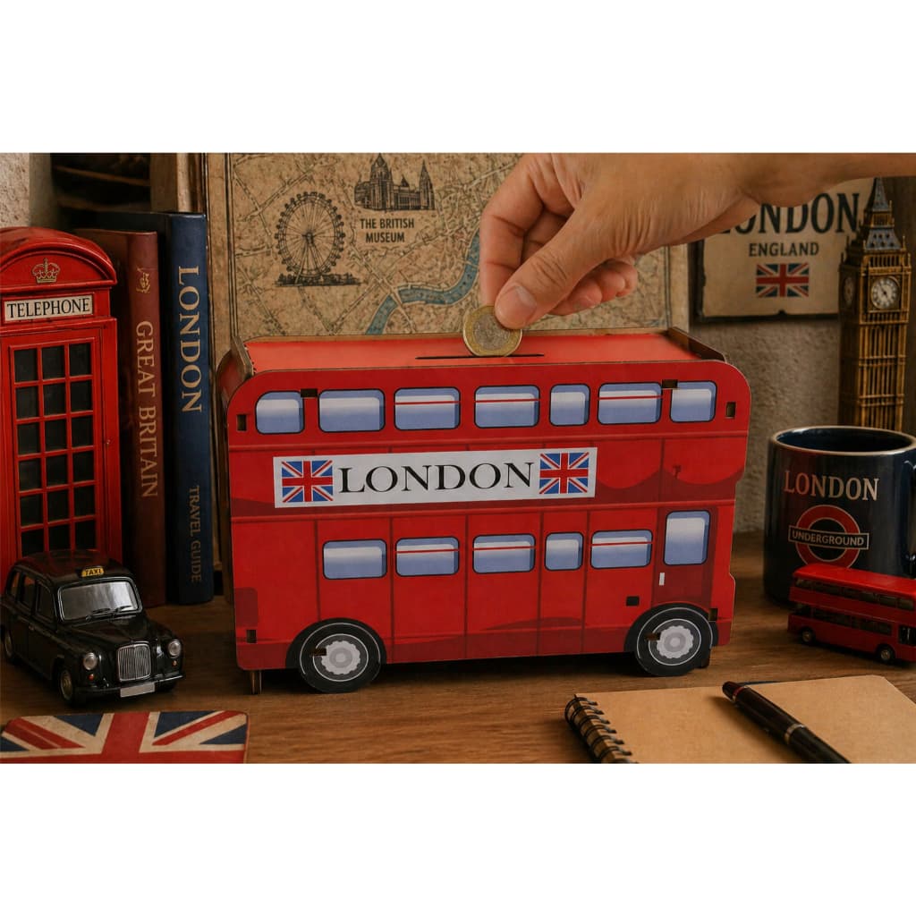 Cofre Cofrinho Porta Moedas Ônibus London Vermelho Mdf