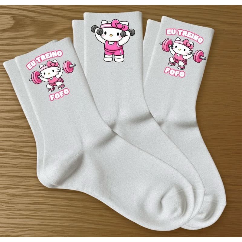 Meias Esportivas Kit 3 Pares Estampa Divertida Hello Kitty Academia Fofinha Ideal Para Esportes