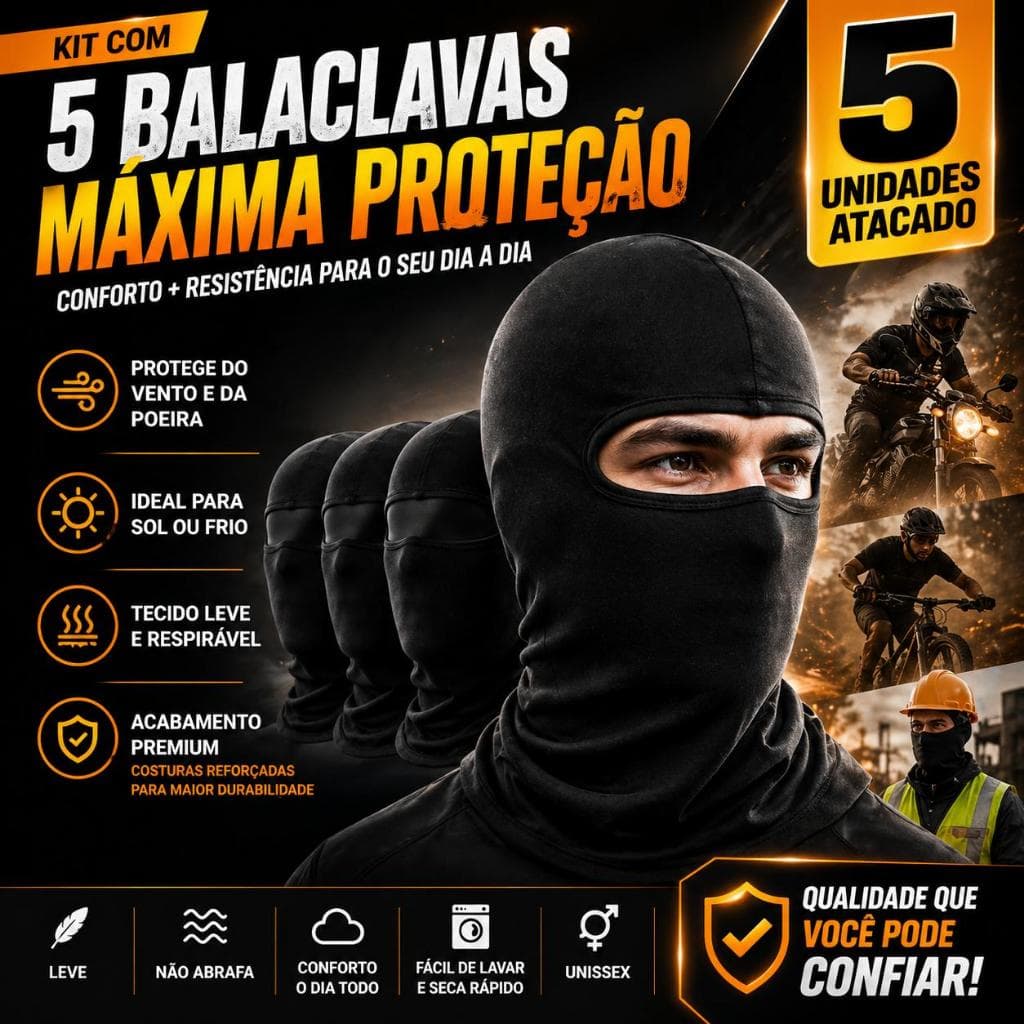 Kit 5 Balaclavas Touca Ninja Térmica Proteção Frio e UV50+  ATACADO ENVIO RÁPIDO
