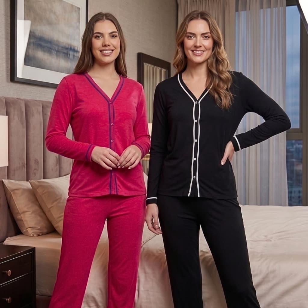 Kit C/2 Pijamas Americano Longo Conjunto Feminino Botões Manga Comprida Amamentação e Pós-Cirúrgico