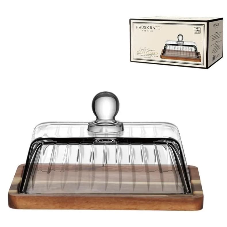 Manteigueira Retangular  de Cristal e Madeira Montecarlo 15cm Hauskraft