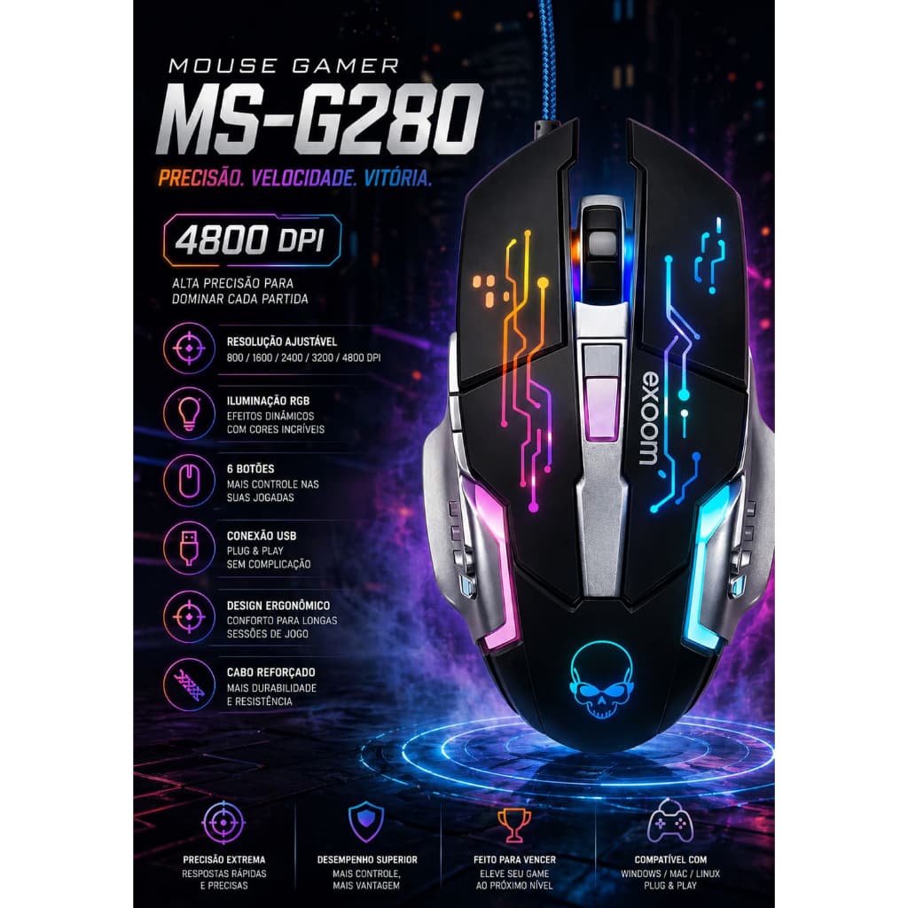 Mouse Gamer 6 Botões 4800 dpi 4 Modos Cabo 1.5m Ms-g280