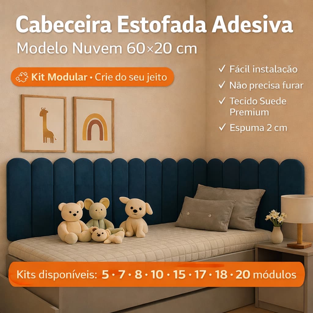 Kit de Cabeceiras Nuvem 60x20 Autocolante Infantil para Cama Box | Estofada | Envio Full