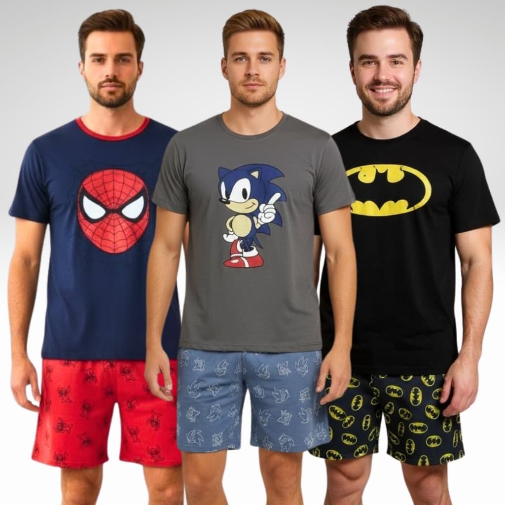 Kit 3 Pijamas Adulto Masculino Meia Manga + Short Super Heróis Roupa De Dormir Estampas Oferta