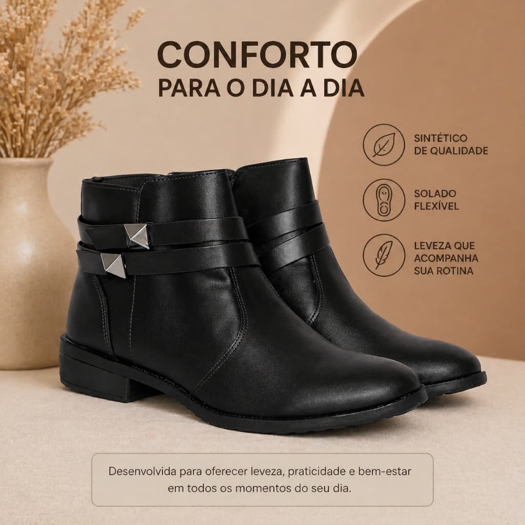 BOTA FEMININA GORUJA CANO CURTO SINTÉTICA COM ZÍPER LATERAL CONFORTO CASUAL MODERNA COM DETALHES METÁLICOS