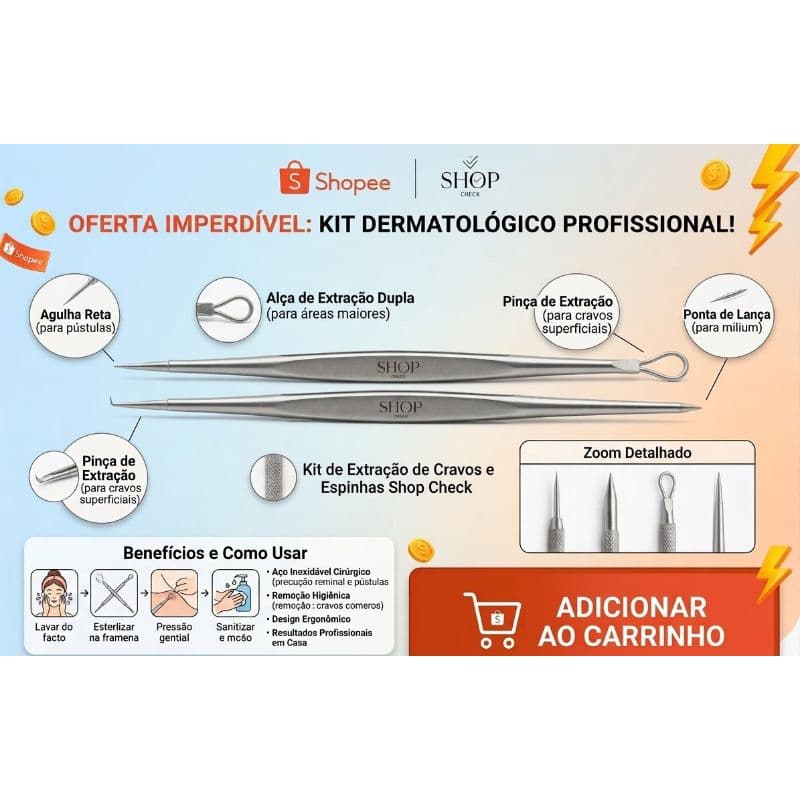 Kit Extrator de Cravos e Espinhas Aço Inox Profissional 4 Peças Limpeza de Pele Removedor Acne