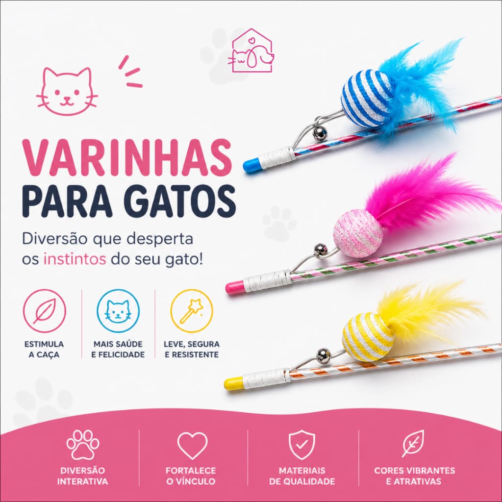 Brinquedo Interativo para Gato – Varinha com Penas, Bolinha e Guizo