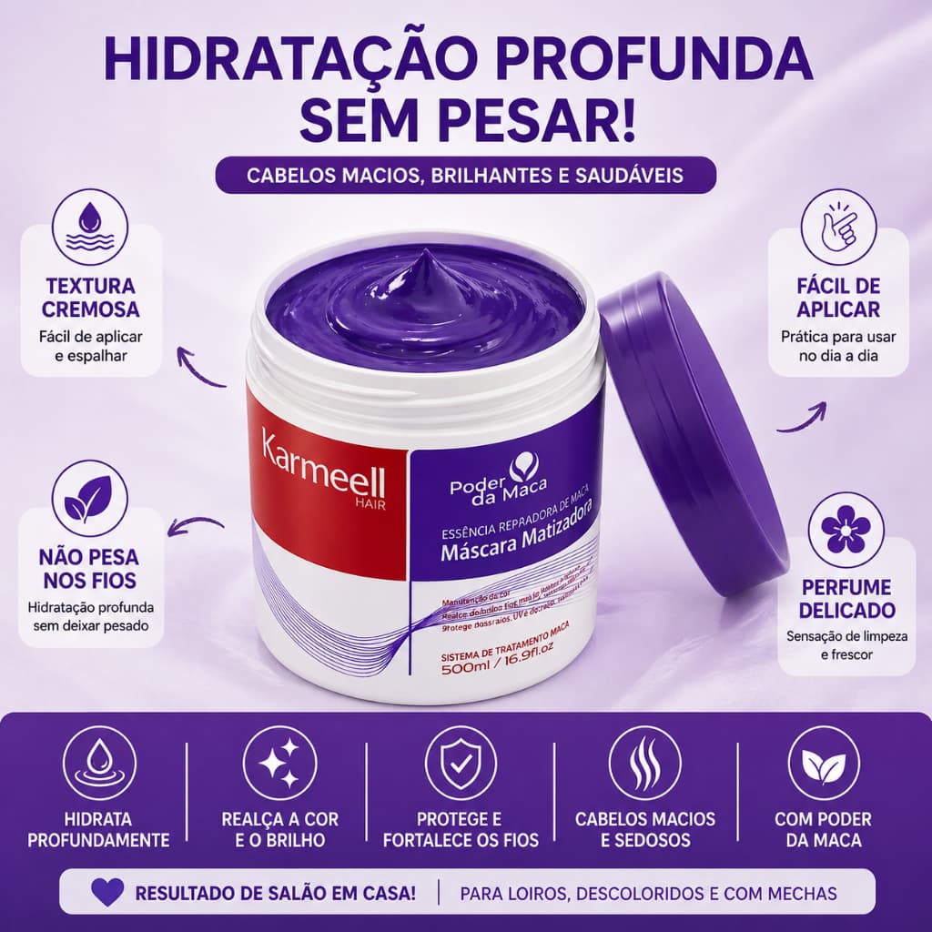 Matizador Karmeell Roxo 500ml Hidratação Profissional Neutralização e Realce para Cabelos Loiros