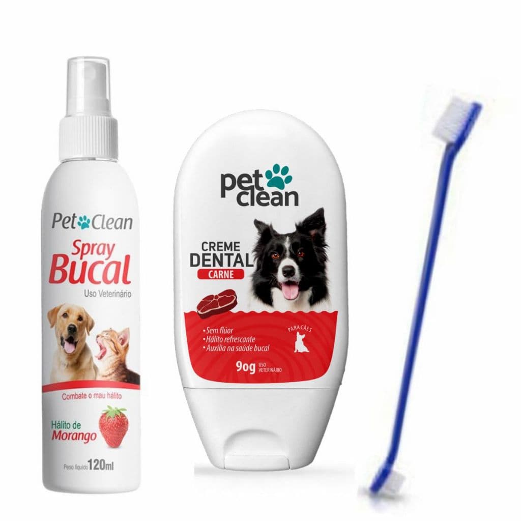KIT COMPLETO HIGIENE BUCAL CÃES E GATOS CREME DENTAL E SPRAY PET CLEAN + ESCOVA - ELIMINA MAU HALITO