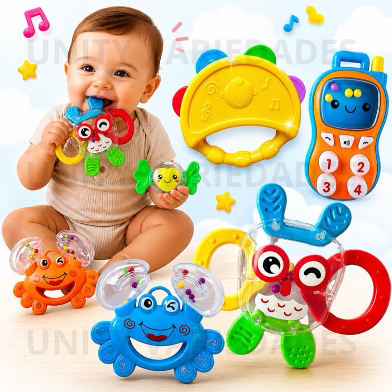 Kit Brinquedo Bebe 5 Peças Chocalho Mordedor Macio Seguro Presente Bebê Educativo