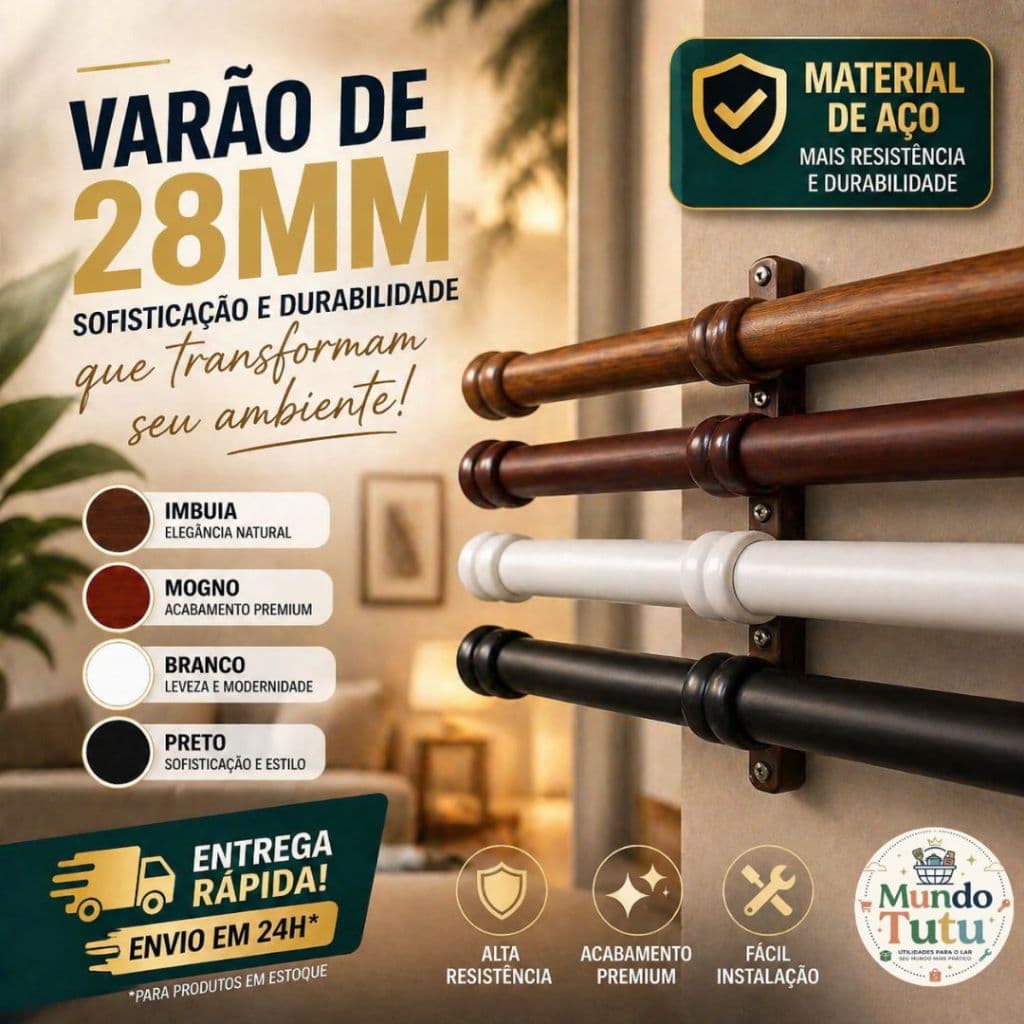 Kit Varão Completo de Cortina Aço Resistente 28mm Luxo Envio Imediato