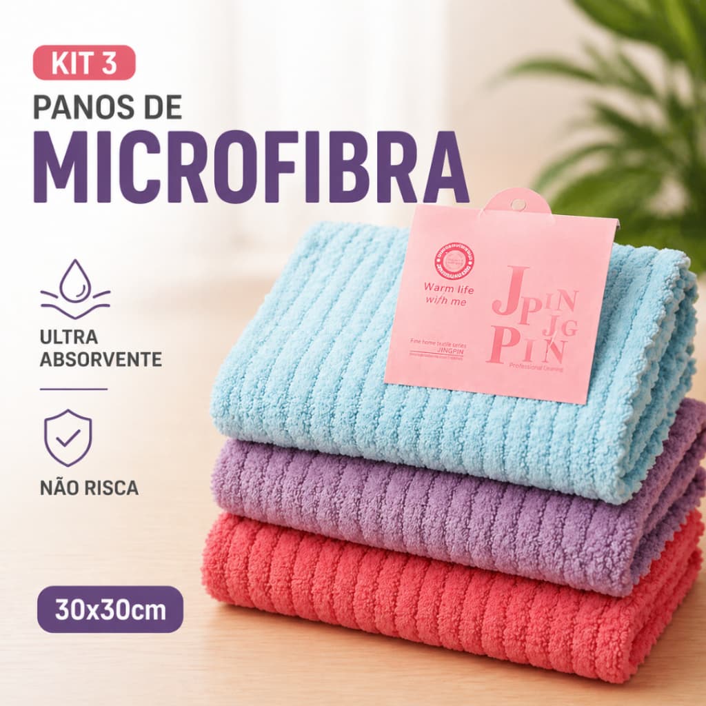 Kit 3 Panos de Microfibra 30x30cm Ultra Absorvente Não Risca Limpeza Carro Casa Premium