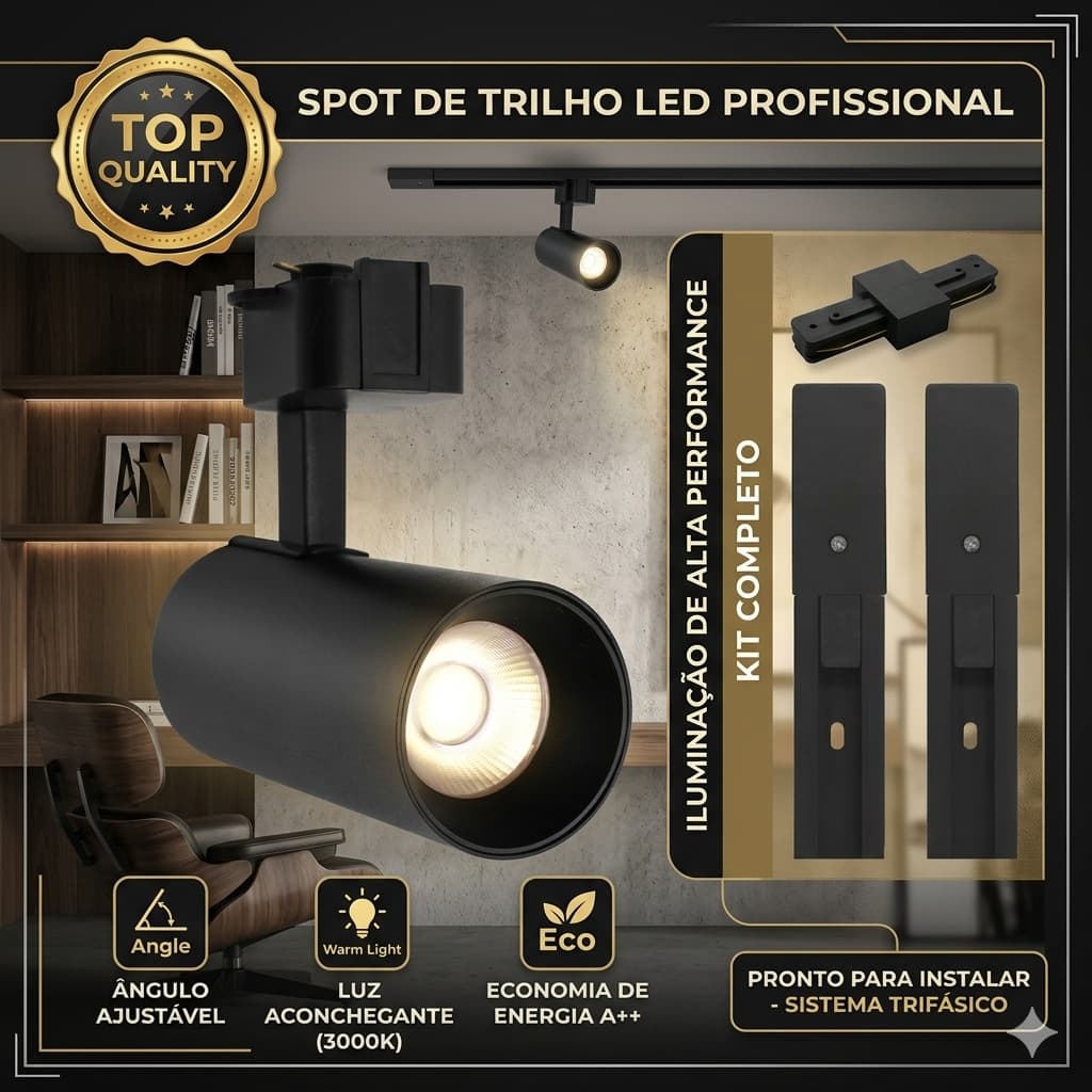 Kit Trilho Preto + Spot LED Eletrificado Preta 10w Luz Frio Quente Interno Econômico Bivolt