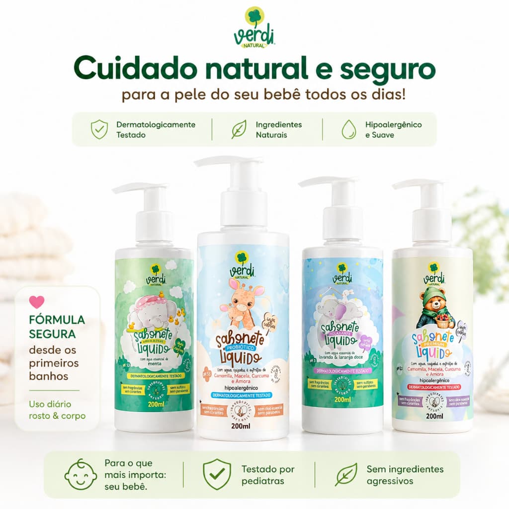 Sabonetes Verdi Natural Bebê e Criança – Lavanda, Menta e Probiótico 200ml