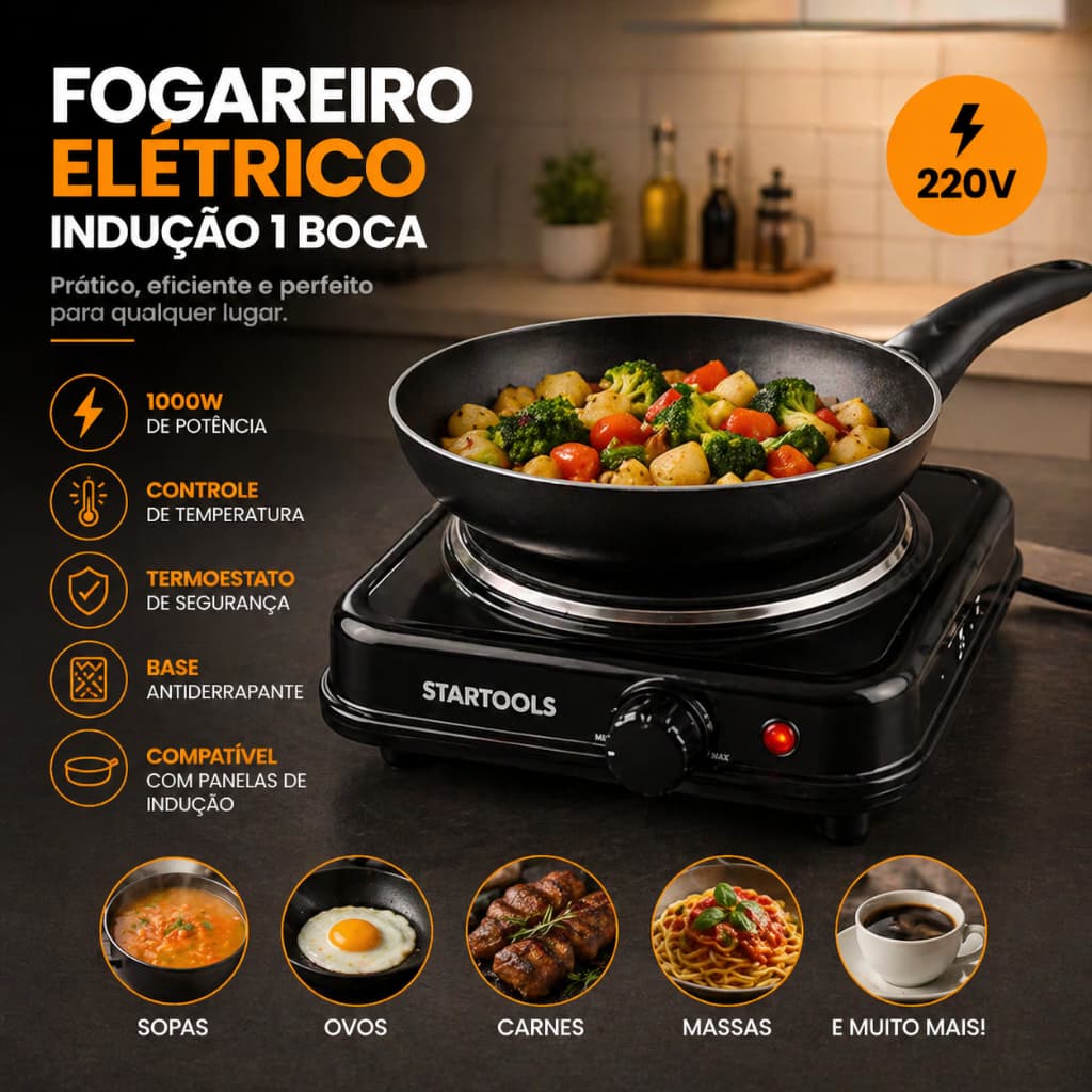 Fogareiro fogão Elétrico Indução 1 Boca 220V - Preta aquecimento rapido portatil moderno de mesa