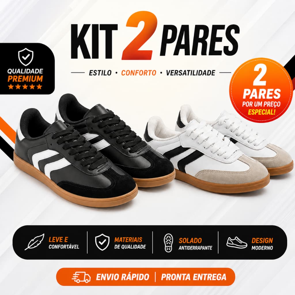 Kit 2 Pares de Tenis Feminino Casual Samba Retro Estiloso Com Solado Macio Confortavel Super Leve
