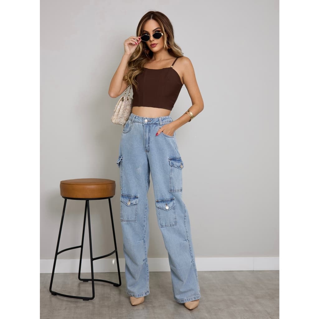 WL Moda Calça Jeans Calça Cargo wide leg Feminina Moda Street Tecido Algodão Premium