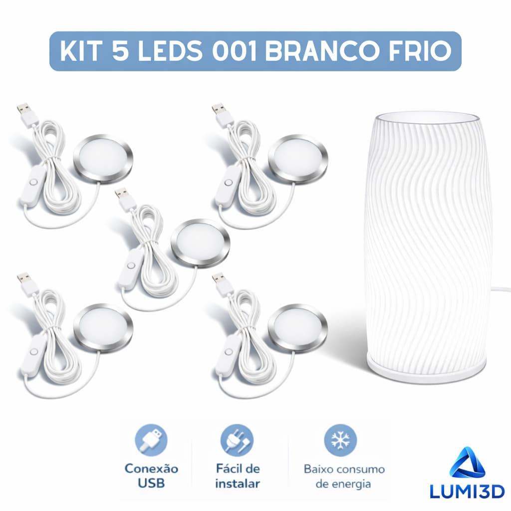 Kit 5x LED 001 Branco Frio USB 5V para Impressora 3D Bambu Lab Projeto DIY